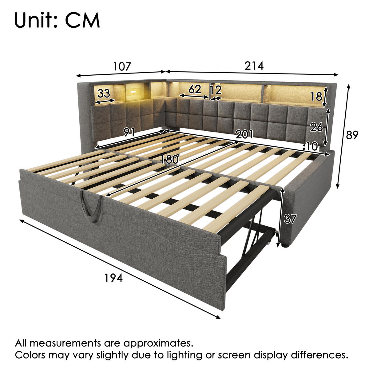 POLSTERBETT 90/200 cm aus Leinen mit Ausziehbett, LED, Bluetooth-Lautsprecher und USB-/USB-C-Anschluss, Grau - Grau, Textil (90/200cm) - Redom