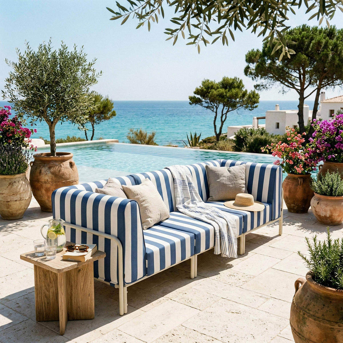 GARTENSOFA mit 3 Sitzplätzen, Blau - Blau, Textil (80/78/216cm) - Oviala