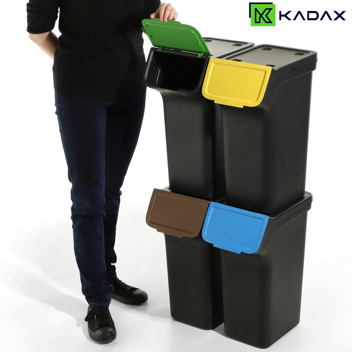 ABFALLBEHÄLTER mit Deckel, 4x25L, Schwarz - Blau/Gelb, Kunststoff (23/53cm) - KADAX