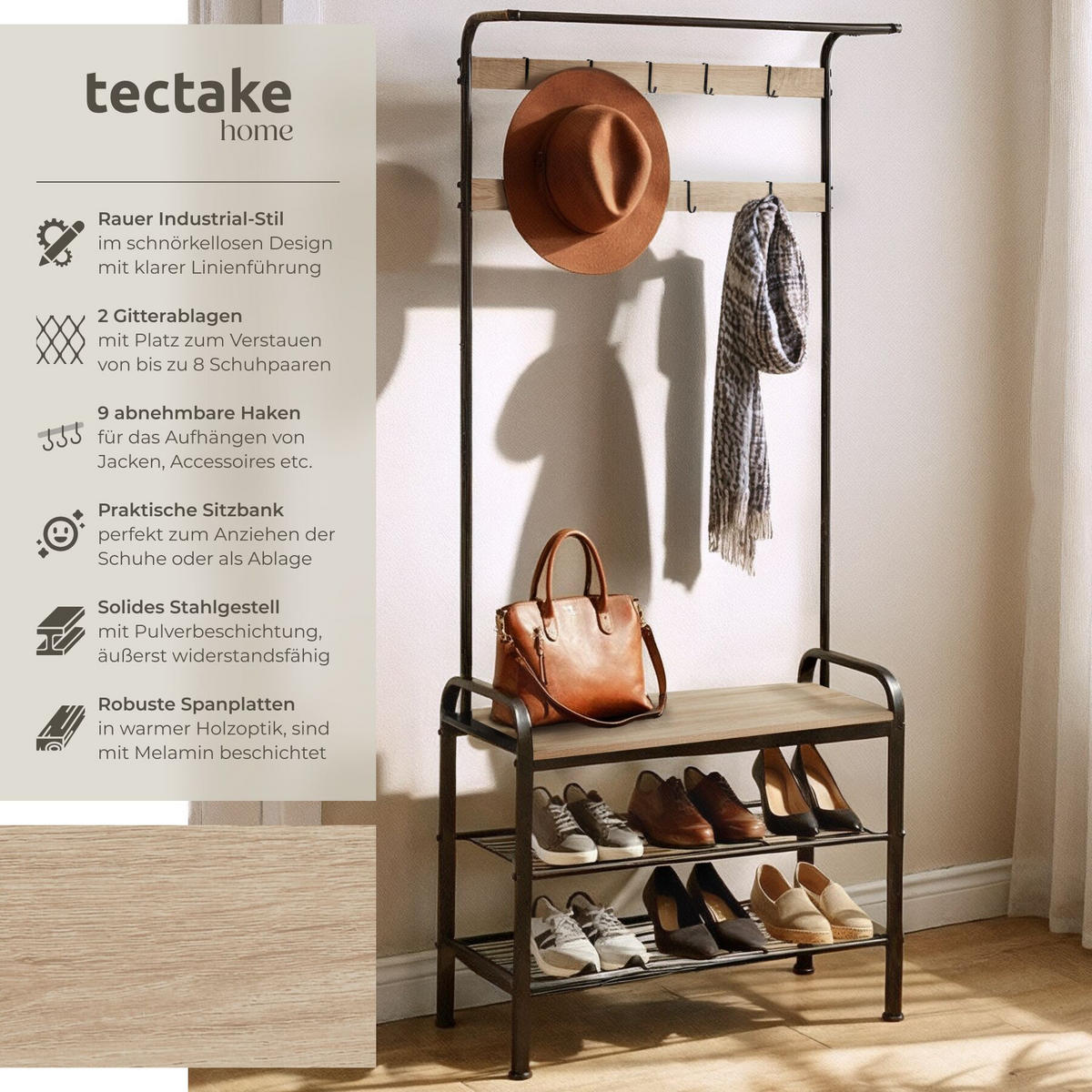 GARDEROBENSTÄNDER Wichita, inklusive Kippschutz, 73,5 x 36 x 184 cm, Industrial Holz hell, Eiche Sonoma - Naturfarben, Textil (36/184/73.5cm) - tectake