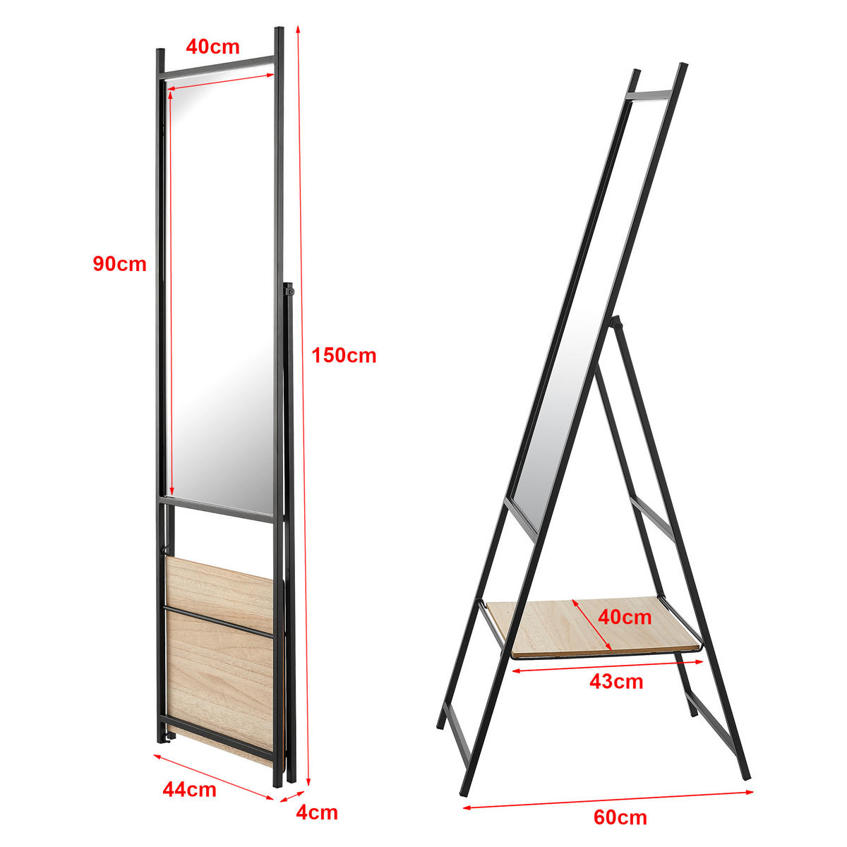 STANDSPIEGEL Chamois mit 1 Ablage - Eichefarben, Glas/Metall (40/150/90cm) - [en.casa]