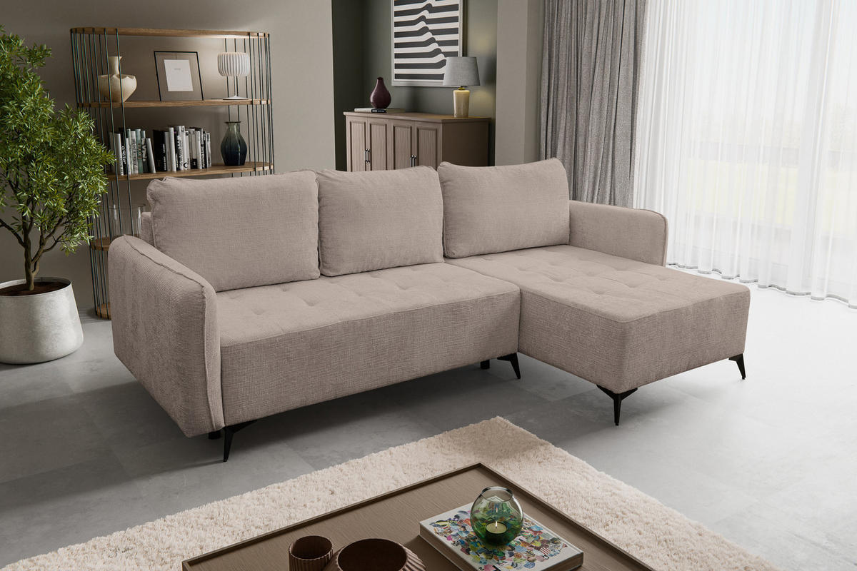ECKSOFA Lucky in L-Form mit Schlaffunktion und Bettkasten, Farbe: Braun, Strukturstoff, Ottomane Links oder Rechts - Braun, Textil (275/160cm) - VENASI MÖBEL
