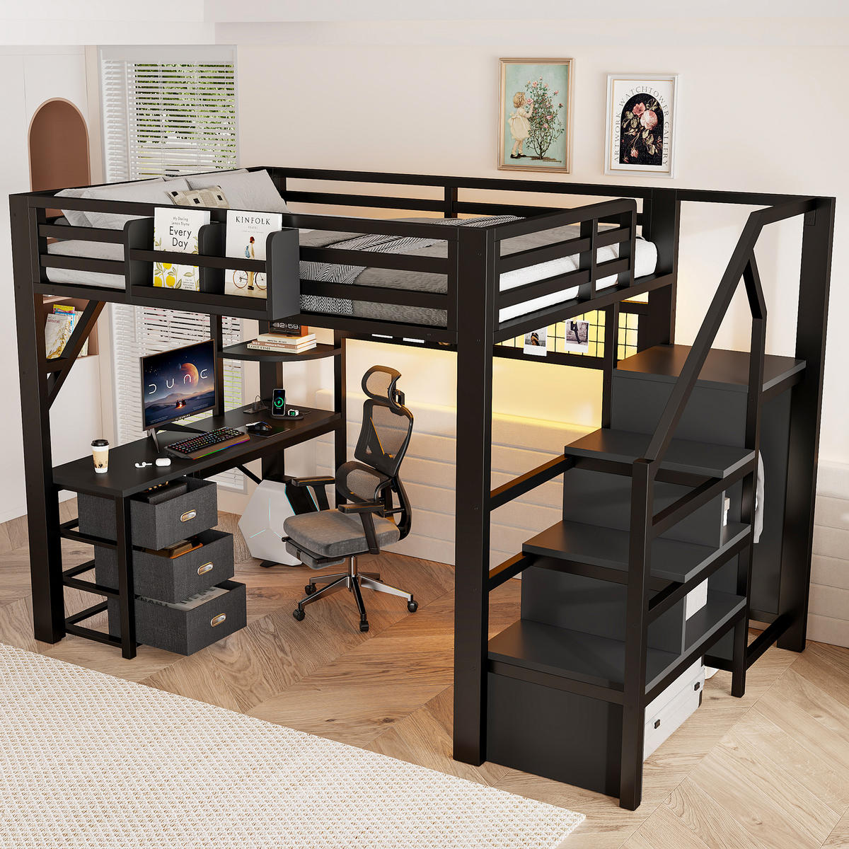 HOCHBETT 140/200 cm in Schwarz mit 3 Schubladen, Stauraum, Schrank, LED und Schreibtisch aus Metall und MDF - Schwarz, Holzwerkstoff/Metall (140/200cm) - STILVORA