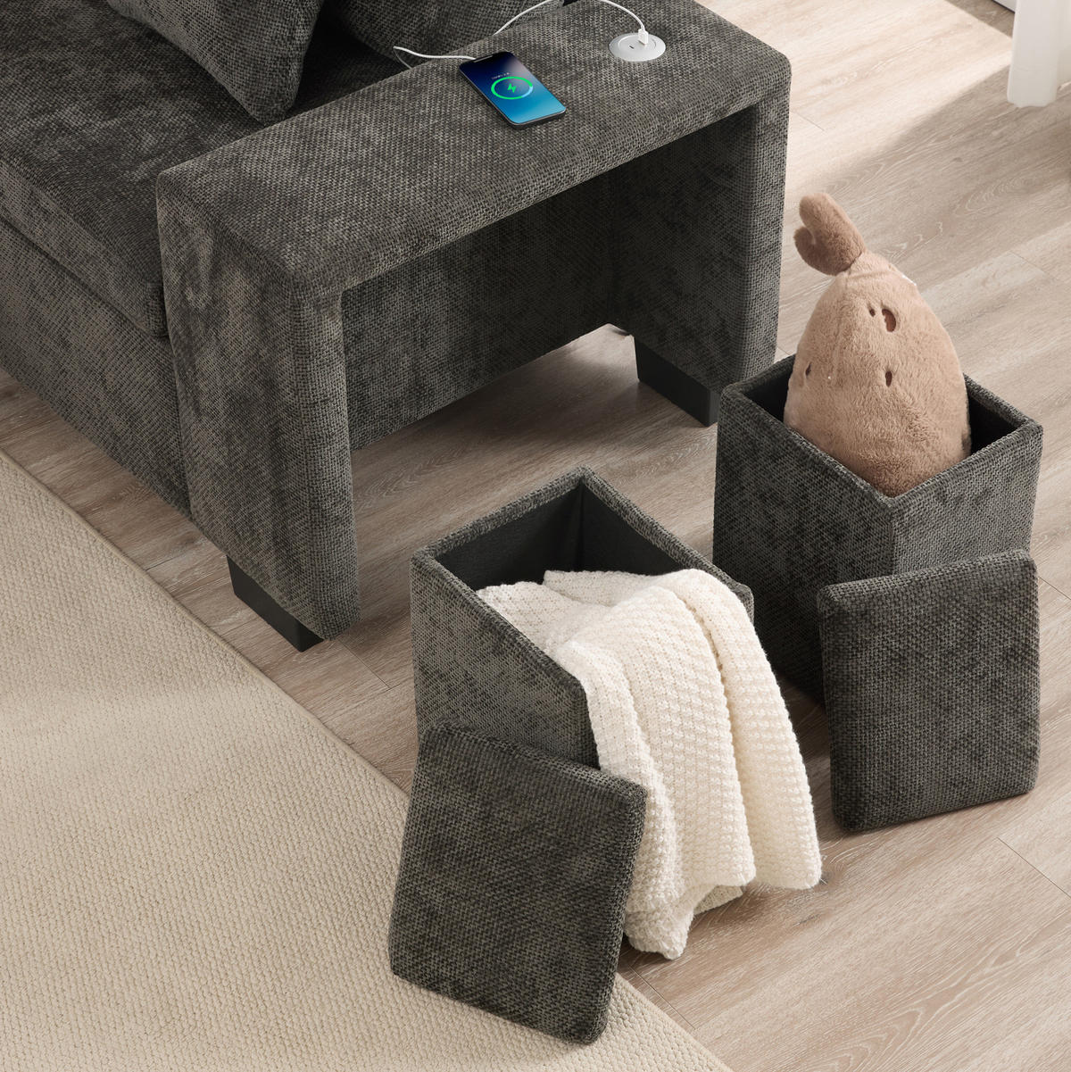 ECKSOFA 220/205/86,5 cm grau Chenille mit Schlaffunktion und Stauraum - Grau, Textil (205/220cm) - OKWISH