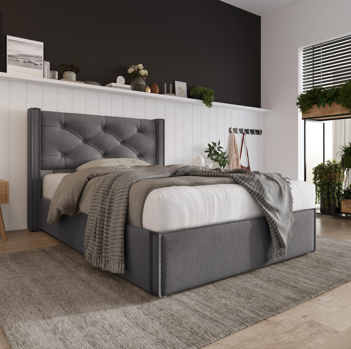 POLSTERBETT mit Bettkasten 90/200 cm in Grau mit gepolstertem Kopfteil - Grau, Textil (90/200cm) - BEAOK