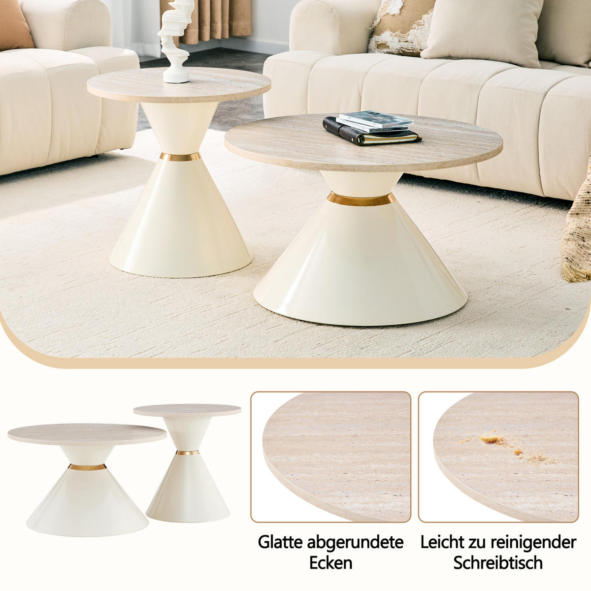 COUCHTISCH-SET aus Metall und Melamin 70x70x42 cm in Holzfarben und Creme, nestbar - Eichefarben, Metall (70/70/42.5cm) - IVMEU