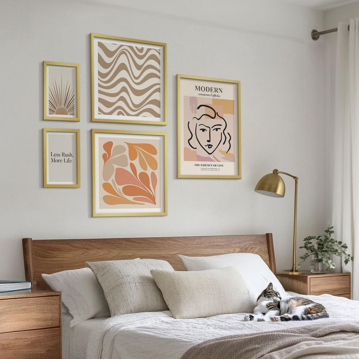WANDBILDER 5er Set - 50x50 cm & 20x30 cm & 40x60 cm Goldrahmen - Sonnen-Boho-Pastelltönen - Goldfarben, Kunststoff (40/60cm) - ArtPrintCave