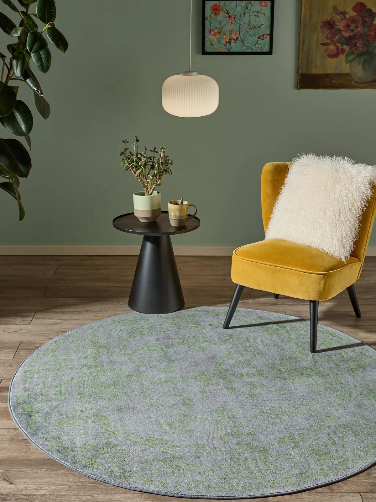 VINTAGE-TEPPICH Miray waschbar ø 160 cm rund - Grau/Grün, Kunststoff (160/160cm) - benuta Nest