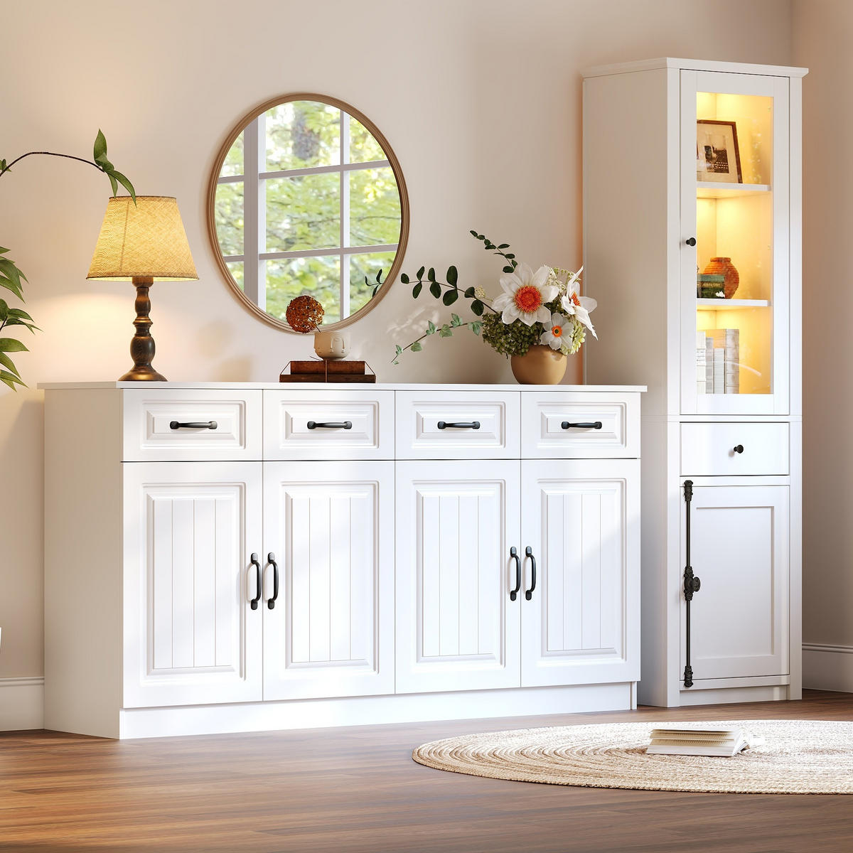 VITRINE in Weiß Wohnzimmer-Set inkl. Beistellschrank und Vitrine für Wohnzimmer, B160/T35/H80 cm, B55/T40/H200 cm - Weiß, Glas/Holzwerkstoff (160/80/35cm) - STILVORA