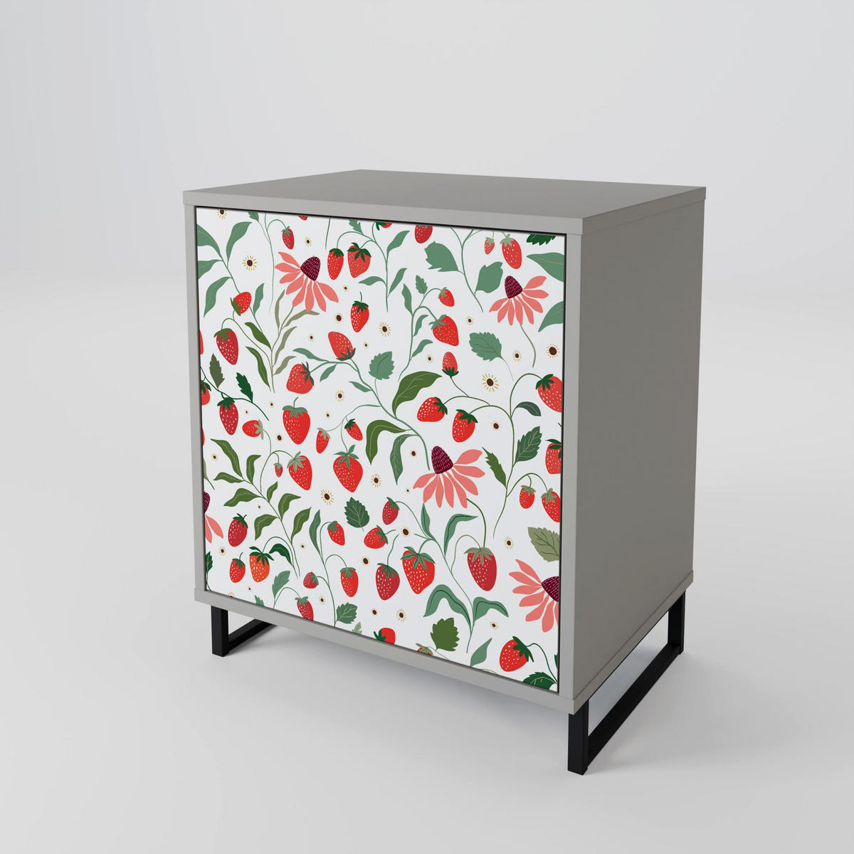SIDEBOARD FLOWERS AND STRAWBERRIES, Grau, 57,5x42x75,5 cm, Goldfarbene Metallfüße - Goldfarben/Multicolor, Holzwerkstoff/Metall (57.5/75.5/42cm) - SpaceRebels