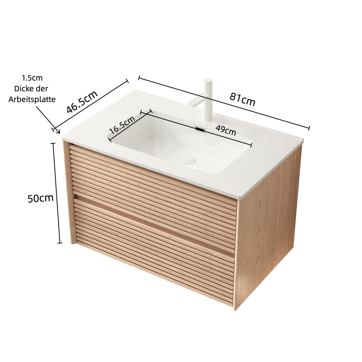 WASCHTISCHUNTERSCHRANK mit Keramikbecken 81 cm Natur/Weiß - Weiß, Holz (46.5/51.5/81cm) - Beauniv
