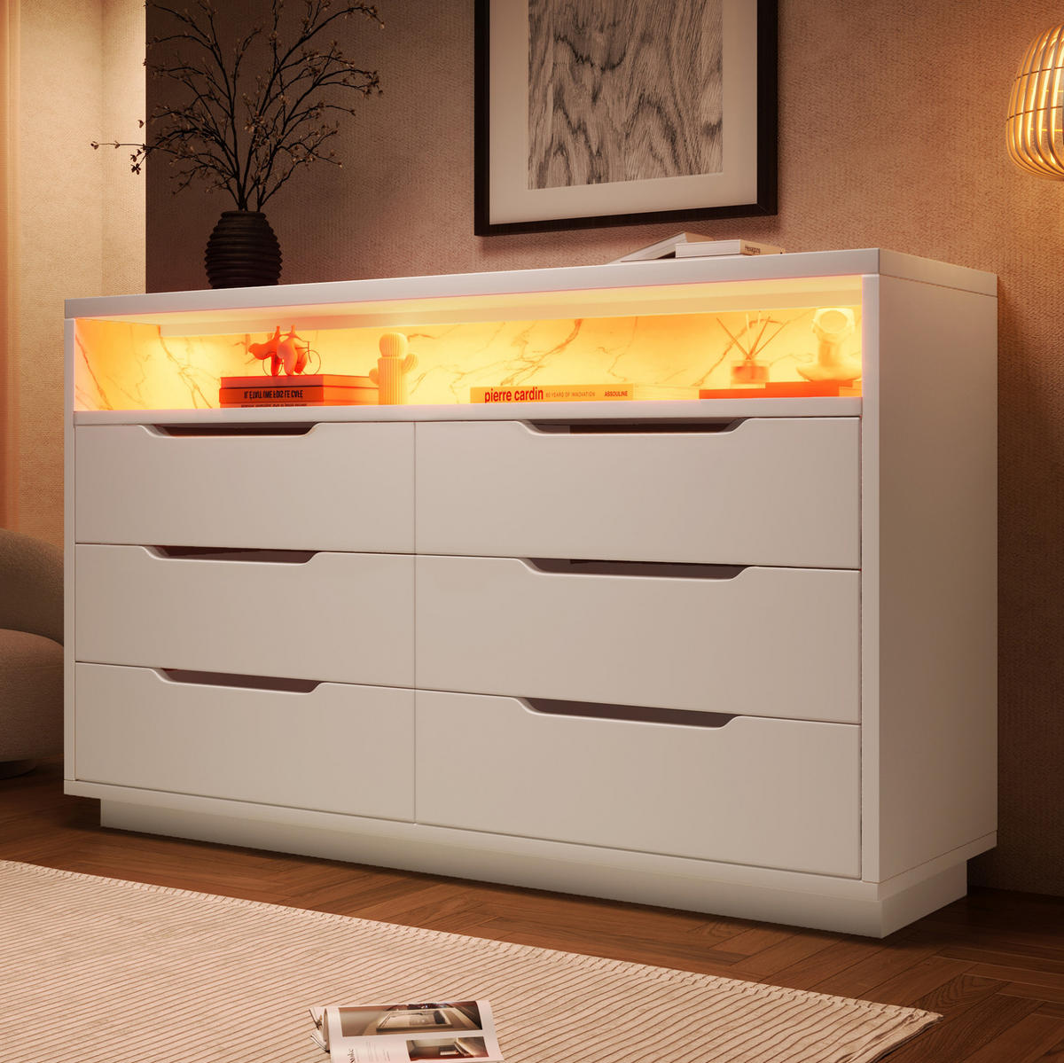 SIDEBOARD 120/40/85 cm in Weiß mit 6 Schubladen & LED-Beleuchtung - Weiß, Holzwerkstoff (120/85/40cm) - BEAOK