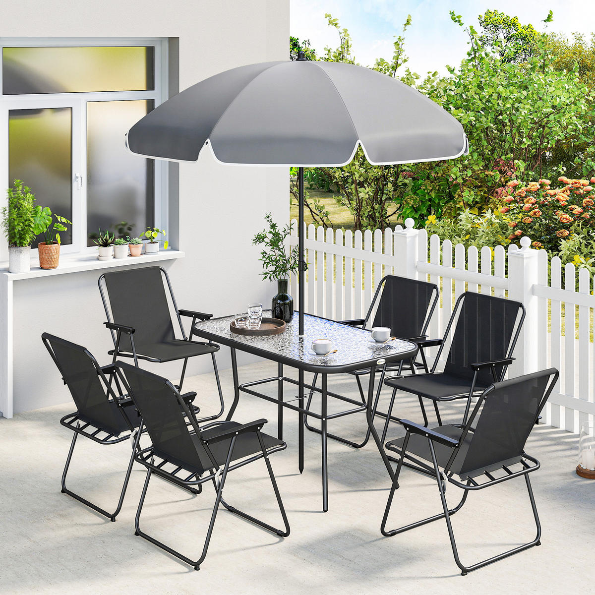 GARTEN-SET 8-teilig,Sonnenschirm+6 Klappstühle+Glastisch,schwarz - Schwarz, Metall - Vallsero