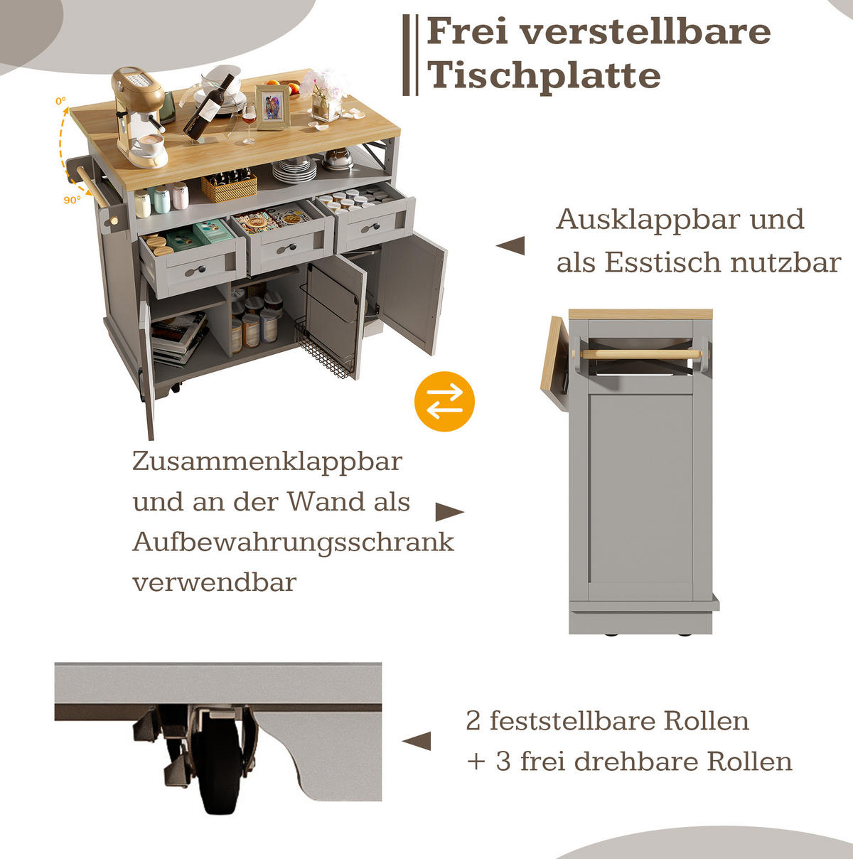 KUECHENINSEL mit Klappseite 118 x 43-80 x 98 cm Grau - Grau, Metall (43/98/118cm) - Beauniv