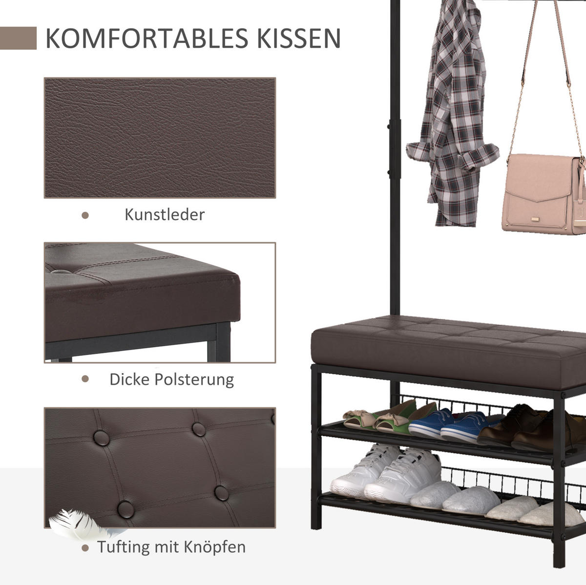 GARDEROBENSTÄNDER mit Bank 72,5x35x180 cm Metall Schwarz - Schwarz, Metall (35/180/725cm) - Beauniv