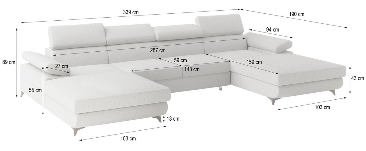 WOHNLANDSCHAFT DETTI Hellgrau Boucle-Stoff mit Schlaffunktion - Hellgrau, Holz (339/89/190cm) - MASSENO