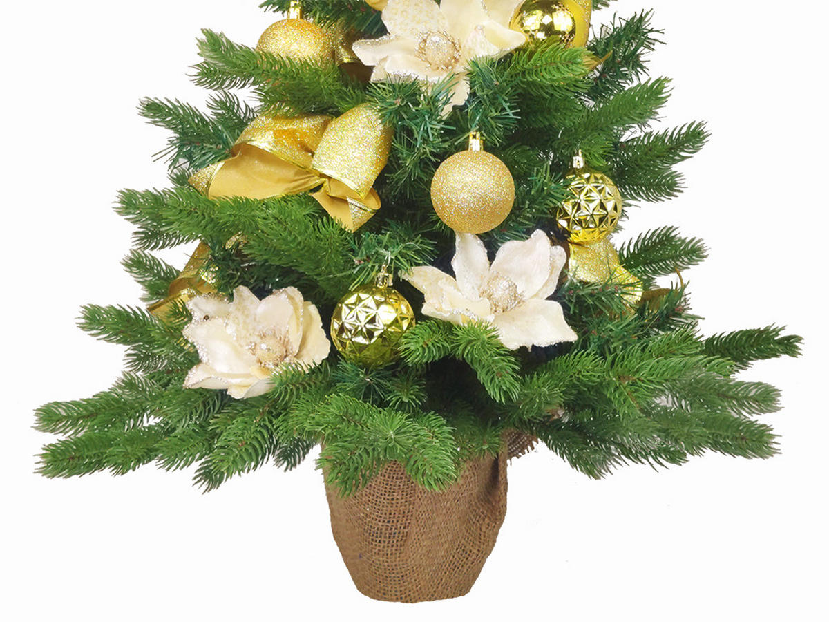 WEIHNACHTSBAUM künstlicher 60 cm mit LED-Beleuchtung, ZARTEROSE, mit 19 Weihnachtsbaumschmuck, Pflanztopf mit Jutesack - Champagner/Goldfarben, Kunststoff/Stein (40/60cm) - LAALU