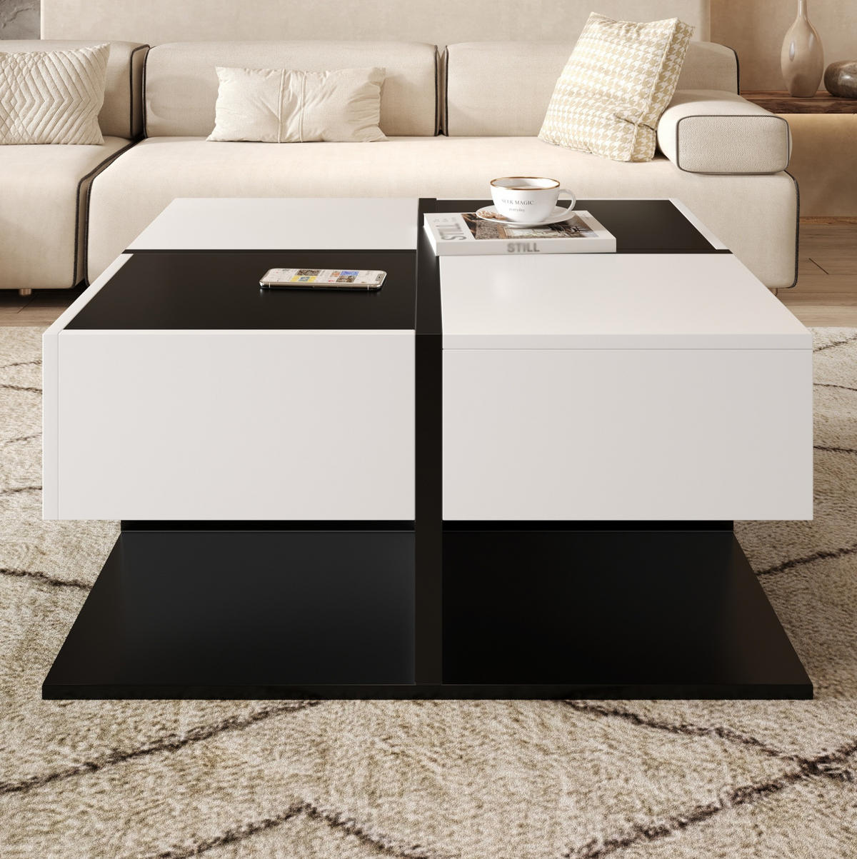 COUCHTISCH 70/70/35.5 cm Schwarz und Weiß aus Spanplatte mit 2 Schubladen - Schwarz, Holzwerkstoff (70/70/35.5cm) - OKMYHOME