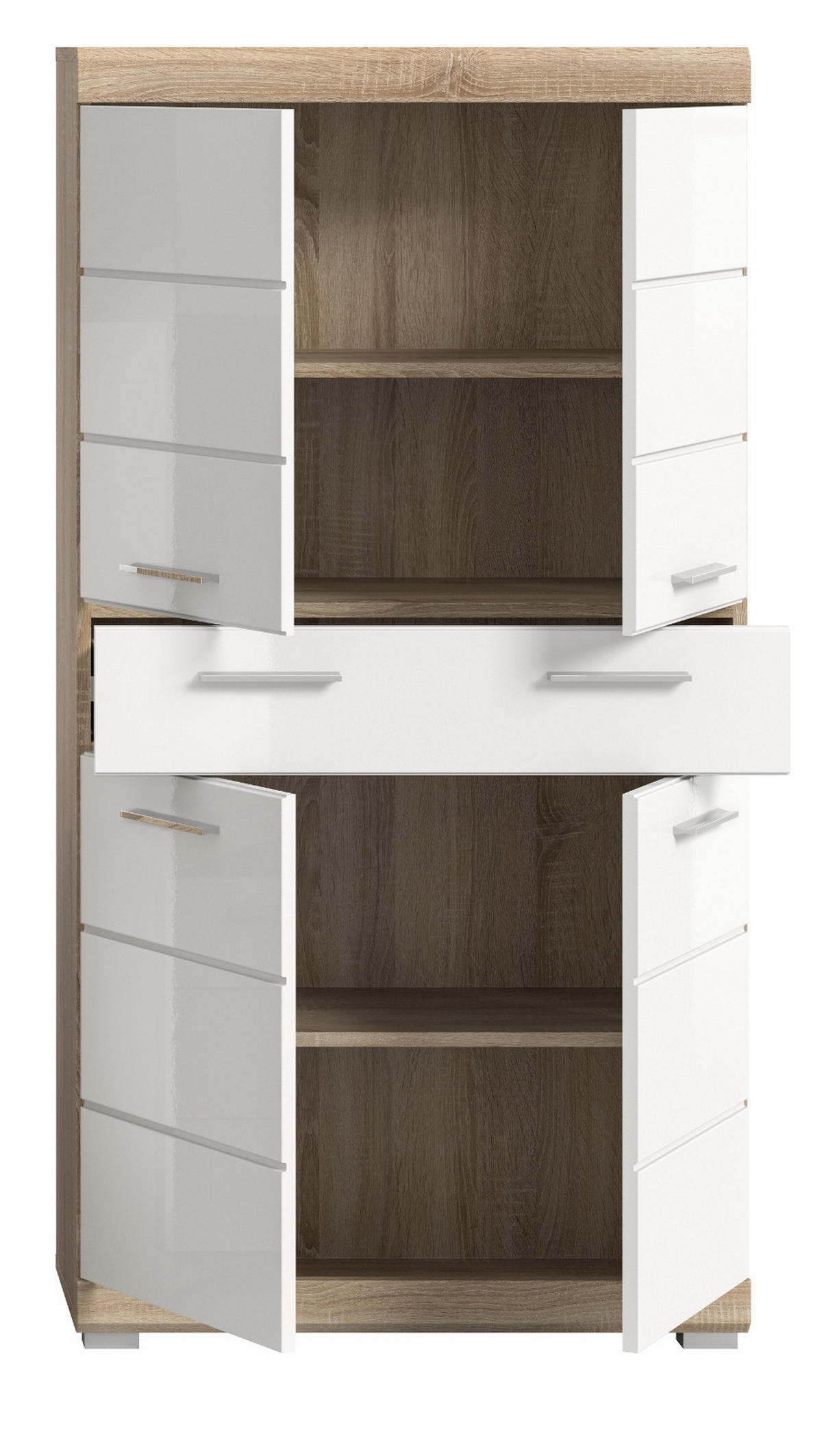 MIDISCHRANK weiß Hochglanz, Eiche 74 cm, Badschrank 4-türig - Weiß Hochglanz/Eichefarben, Holzwerkstoff/Kunststoff (74/141/31cm) - Inn.Furn