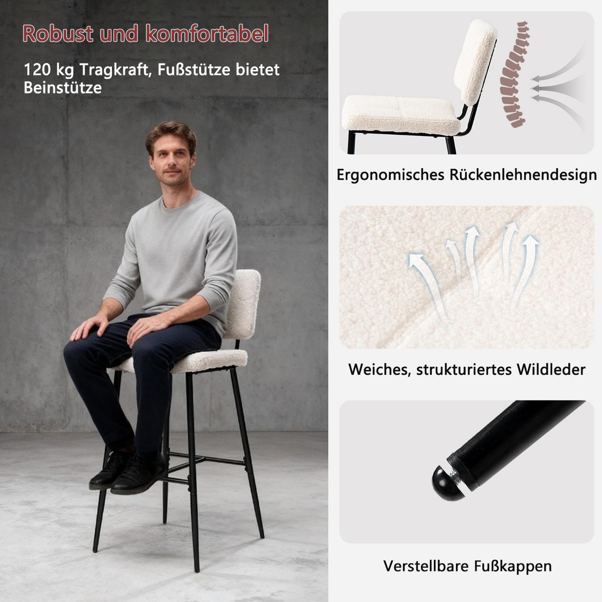 BARHOCKER in Eisen Bouclé-Stoff - Beige, Metall (46.5/104/53cm) - Meubles Cosy
