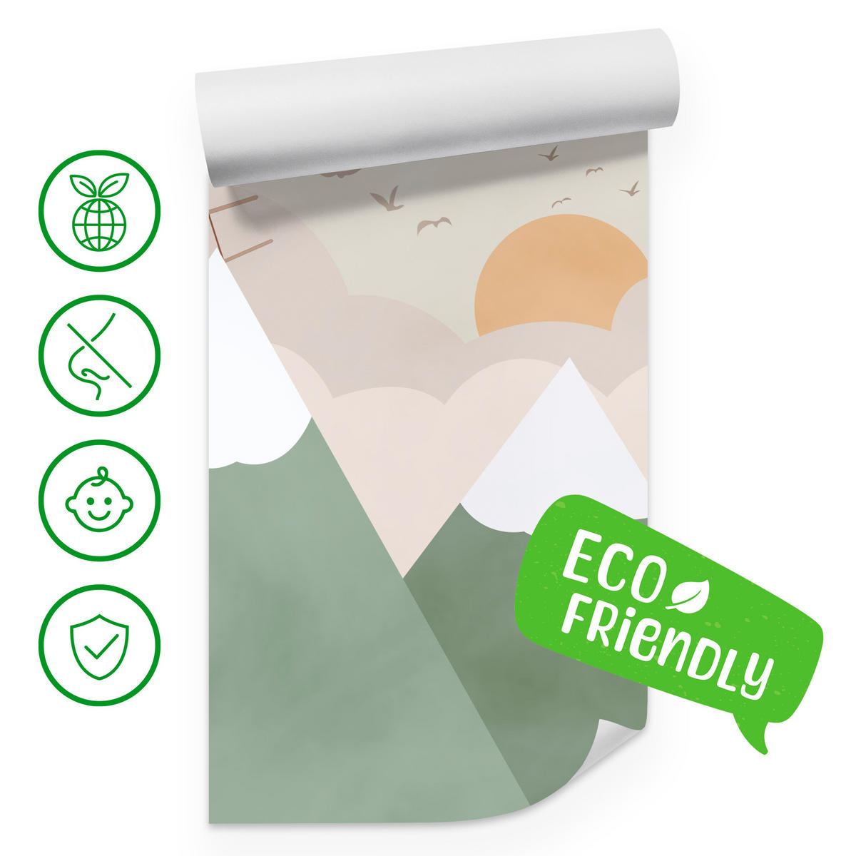 FOTOTAPETE für Kinderzimmer Berge Flugzeuge Wolken 300x210 - Beige/Orange, Papier (300/210cm) - Muralo