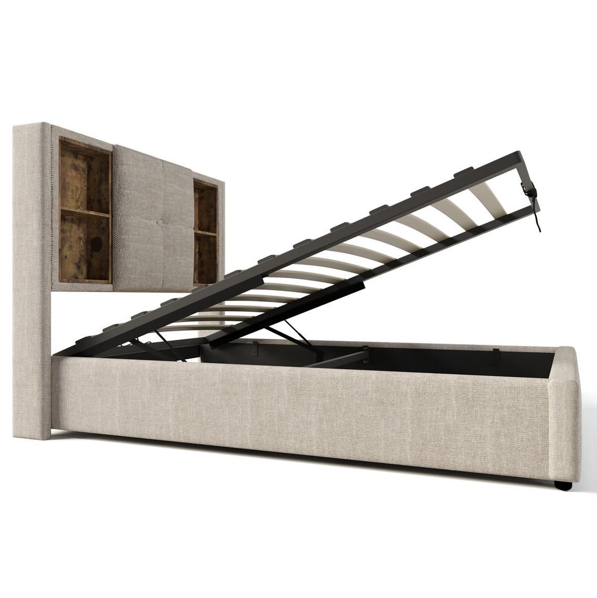 POLSTERBETT 90/200 cm Natur mit Stauraum, Matratze und USB- sowie Type-C-Anschlüssen - Naturfarben, Textil (90/200cm) - Flora Grace