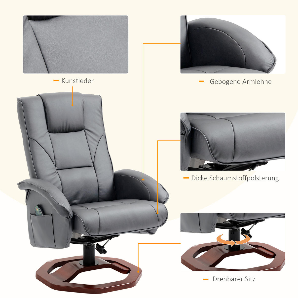 MASSAGESESSEL mit Hocker, Liegefunktion, Fernbedienung, bis 150 kg, Dunkelgrau - Dunkelgrau, Leder (83/106/73cm) - HOMCOM