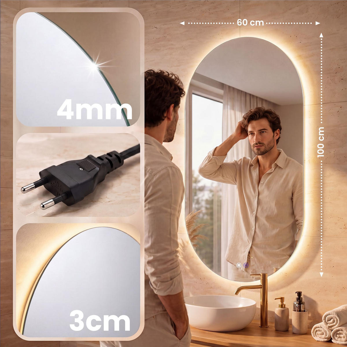 BADEZIMMERSPIEGEL flach 60/3/100 cm Glas Klarglas - Klar, Glas (60/100/3cm) - CLP