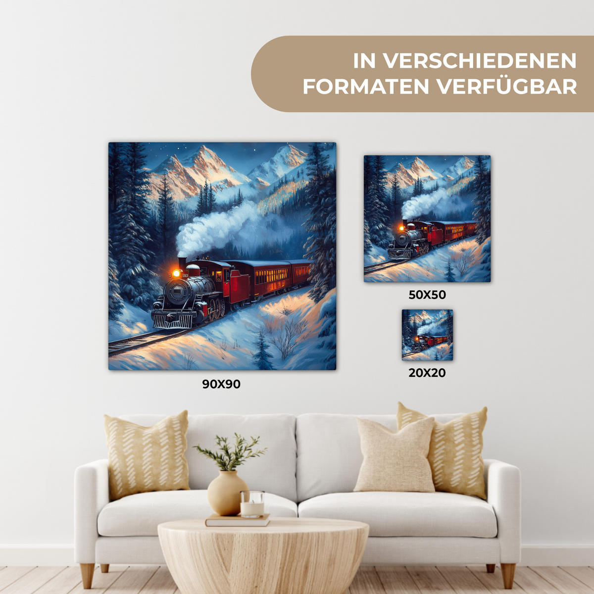 LEINWANDBILD Zug - Weihnachten - Schnee - Weihnachtszug 90x90 cm - Anthrazit, Textil (90/90cm) - MuchoWow