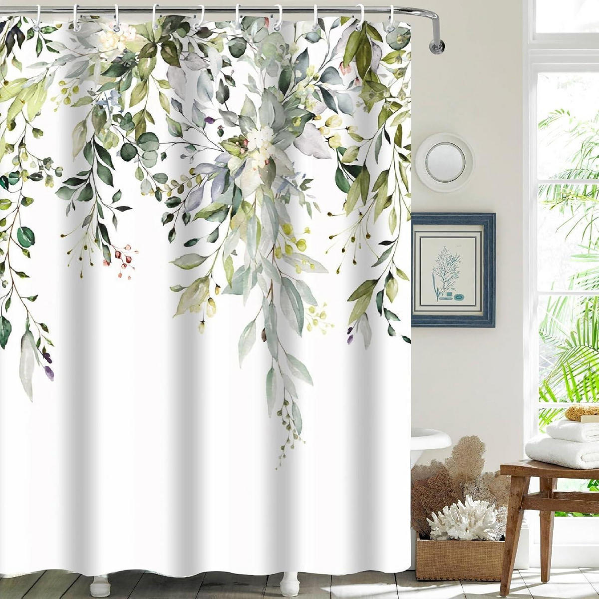 DUSCHVORHANG mit Haken 200 x 240 cm Grün Pflanzenmotiv - Grün, Textil (240/200cm)