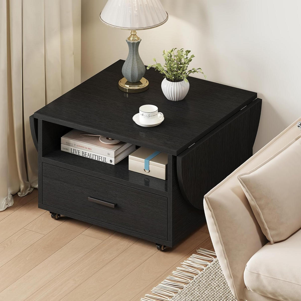 COUCHTISCH Wohnzimmertisch mit Stauraum 120 x 60 x 45 cm Klappplatte - Schwarz, Holzwerkstoff/Metall (120/120/45cm) - Quality Elegance