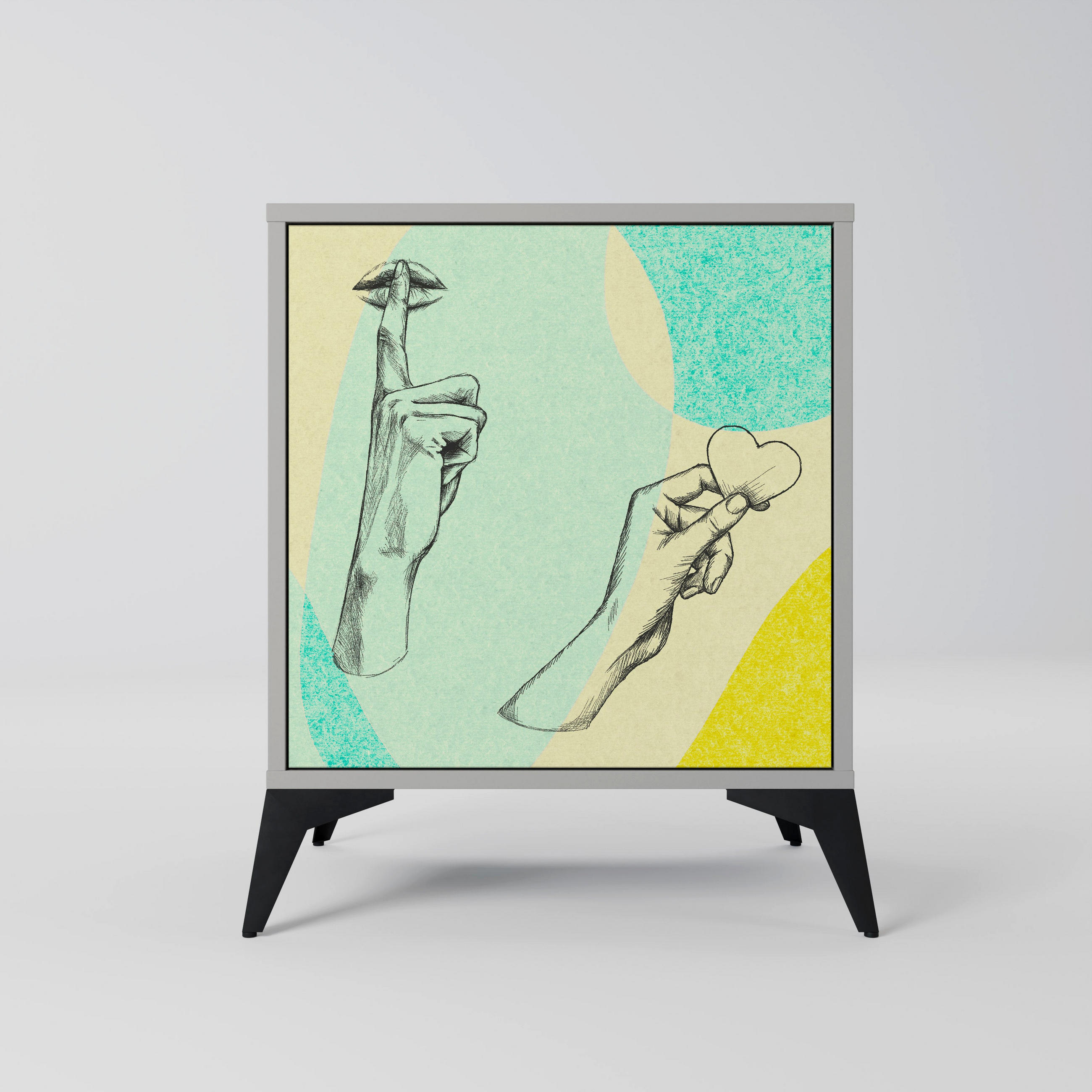 SIDEBOARD BODY LANGUAGE, Grau, 57,5x42x70,5 cm, Schwarze Metall-Sternfüße - Multicolor/Schwarz, Holzwerkstoff/Metall (57.5/70.5/42cm) - SpaceRebels