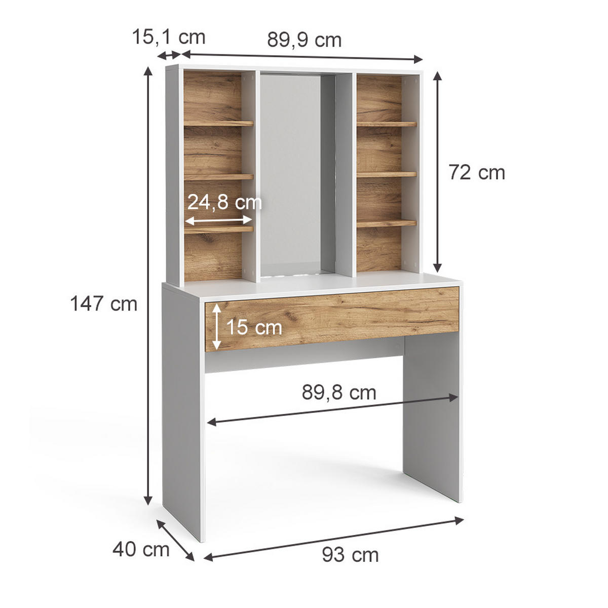 SCHMINKTISCH Alexa Goldkraft Eiche/Weiß 93 cm mit Spiegel - Honigeiche/Weiß, Holzwerkstoff (93/147/40cm) - Vicco