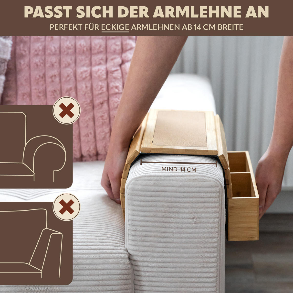 ARMLEHNEN-SOFATABLETT mit seitlichen Fächern, rutschfeste Korkablage, Bambus - Naturfarben, Naturmaterialien (47/6/34cm) - eluno