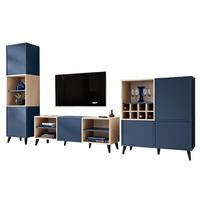 WOHNWAND MIT WEINSCHRANK FONDI, Blau, Skandinavische Tanne - Blau/Hellbraun, Holzwerkstoff/Metall (271.5/172.6/35cm) - Komodee