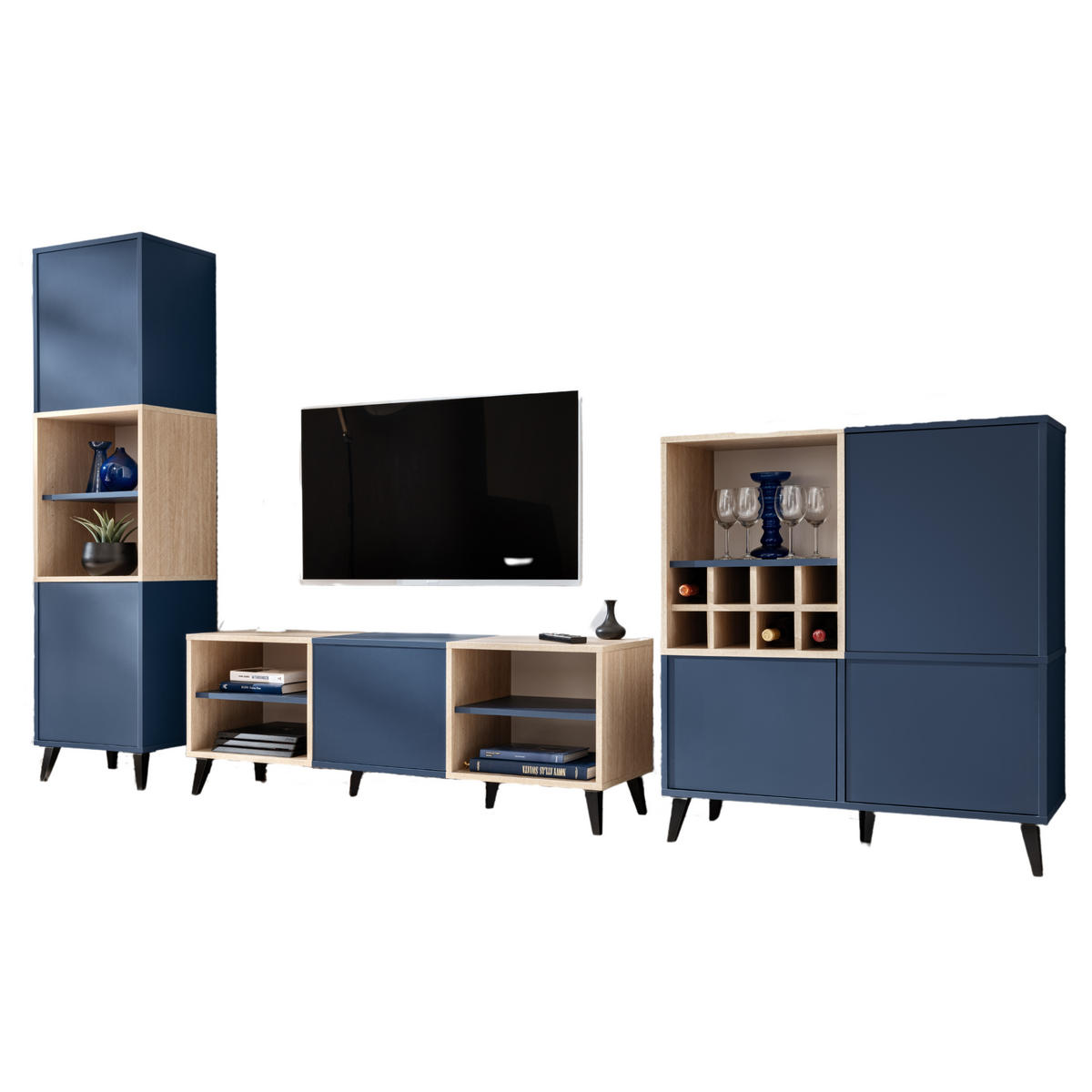 WOHNWAND MIT WEINSCHRANK FONDI, Blau, Skandinavische Tanne - Blau/Hellbraun, Holzwerkstoff/Metall (271.5/172.6/35cm) - Komodee