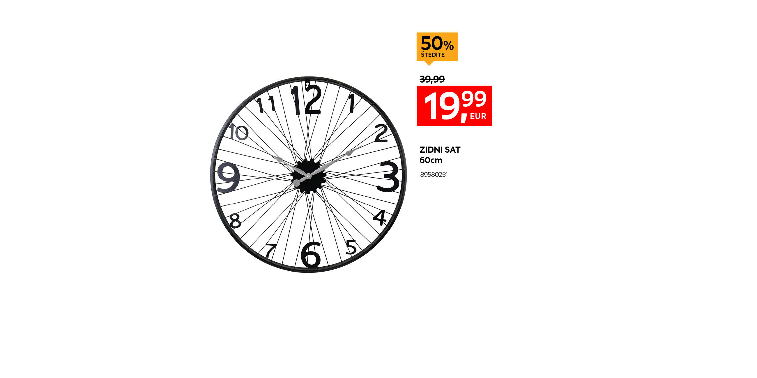 zidni sat 60 cm 89580251 umjesto 39,99 € nova cijena 19,99 € Štedite 50%