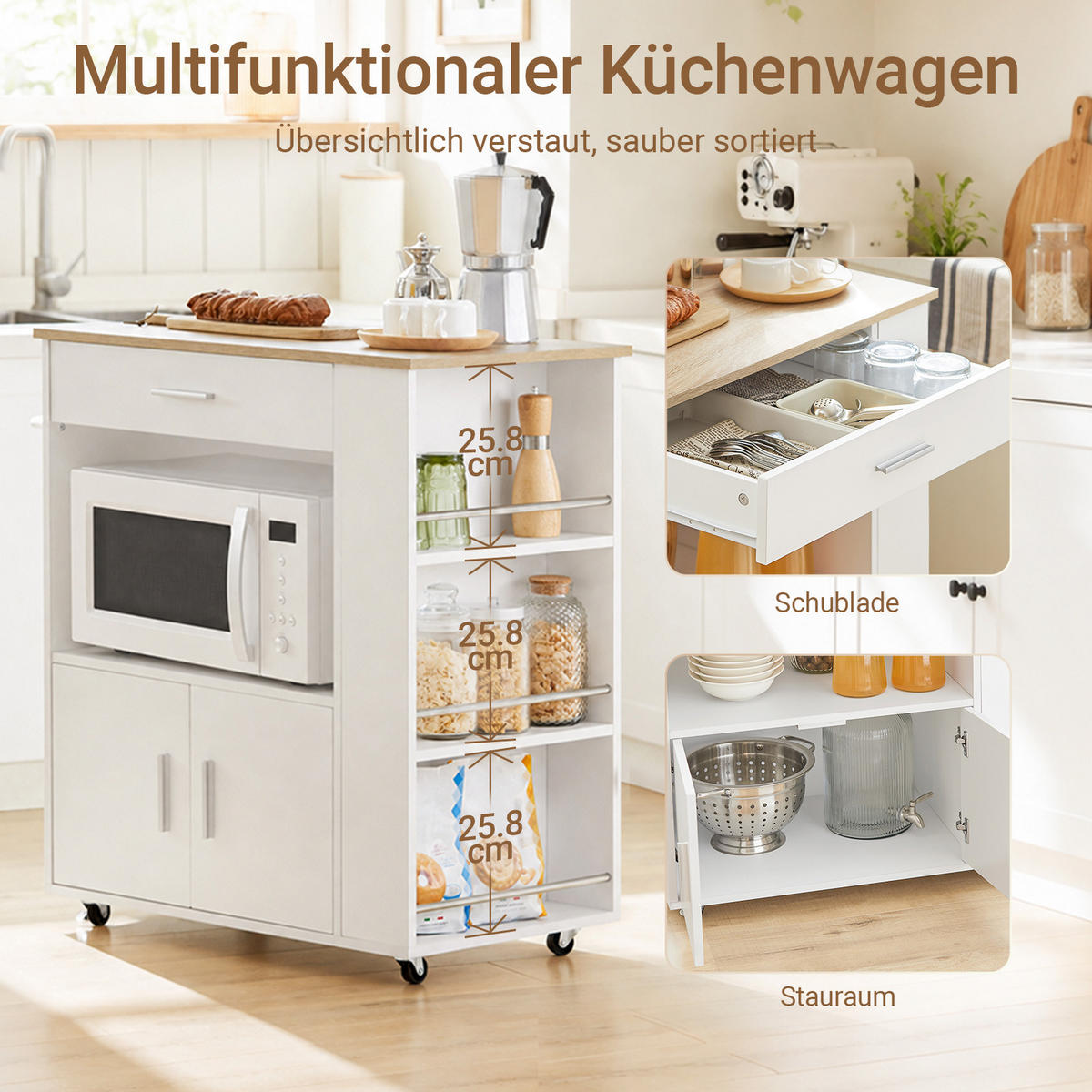 SERVIERWAGEN weiß mit Bremsrollen, 82 x 88 x 46 cm, Schublade, 3 Seitenregale, Handtuchhalter, für die Küche - Weiß, Holzwerkstoff (82/88/46cm) - SoBuy