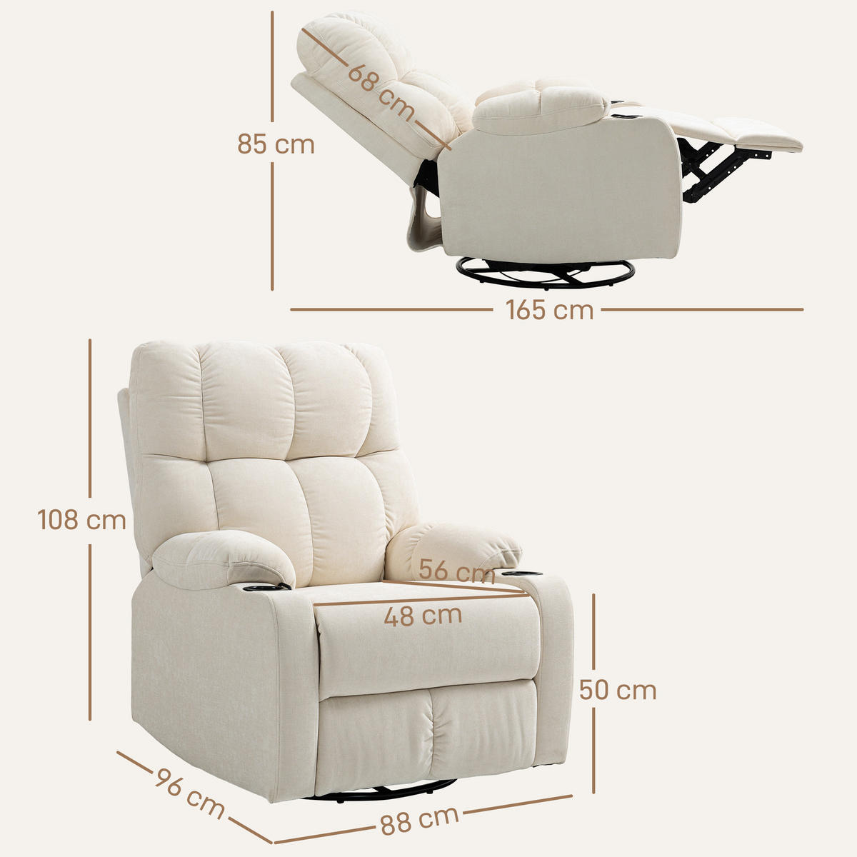 RELAXSESSEL Drehbar Fernsehsessel mit Liegefunktion, Schaukelfunktion Beige - Beige/Schwarz, Textil/Metall (96/108/88cm) - HOMCOM