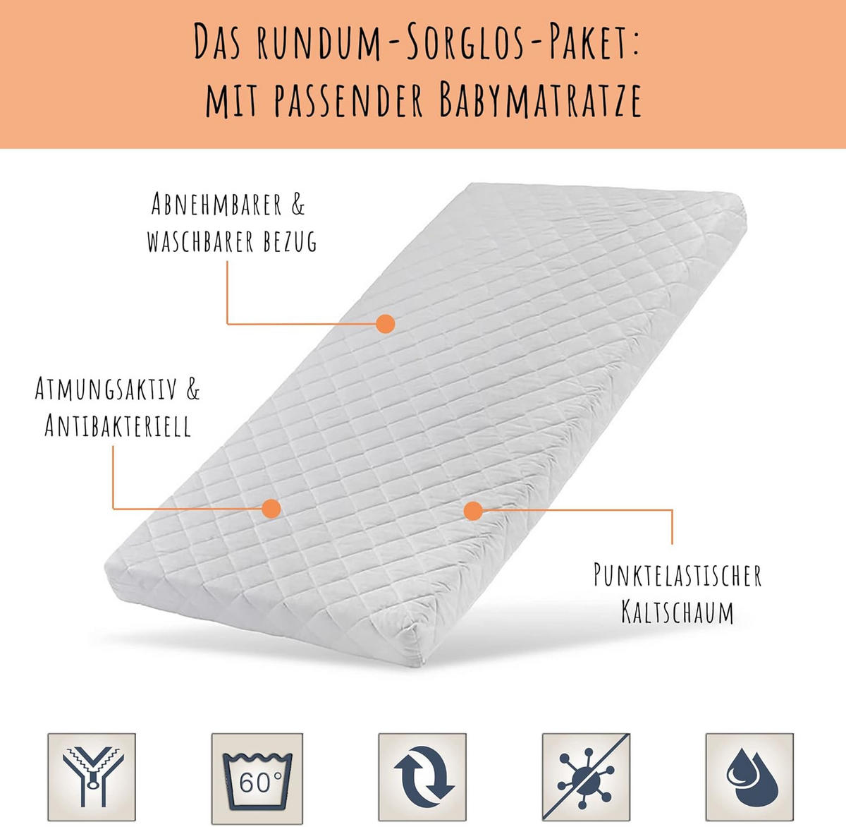 BABYBETT 60x120 mit Matratze und Schublade Weiß​ - Weiß, Holz (60/120cm) - Home Collective