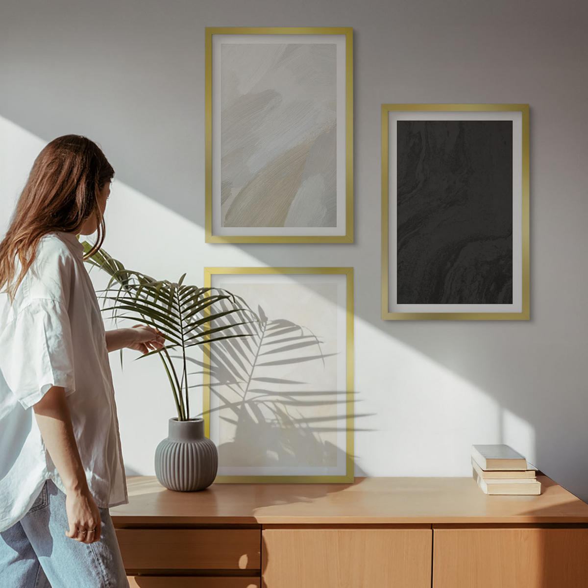 BILDER SET 3er Set - 40x60 cm Goldrahmen - Strukturen schattieren Minimalismus - Goldfarben, Kunststoff (40/60cm) - TULUP