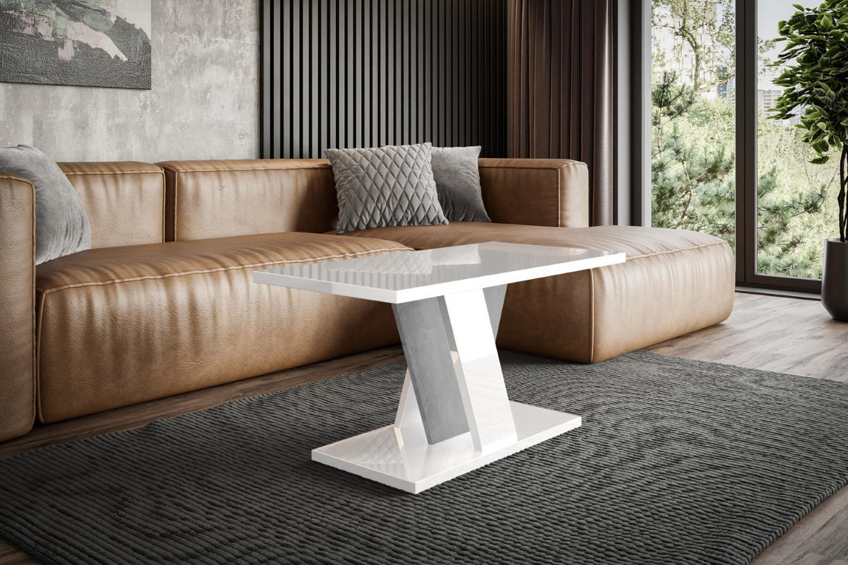 KAFFEETISCH 110x70x60 cm - Hochglanz Weiß / Betonoptik - INEY - Weiß Hochglanz, Holzwerkstoff (110/70/60cm) - ALTDECOR