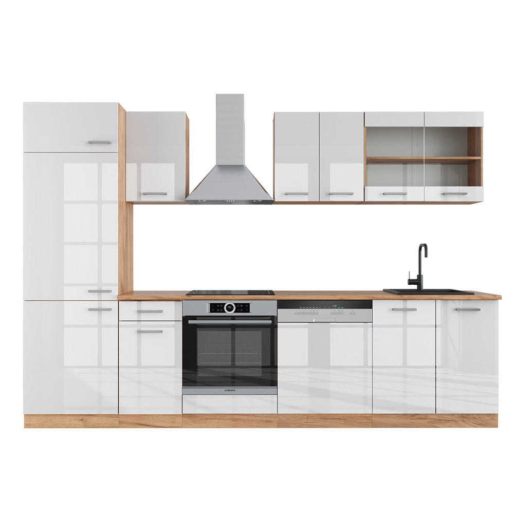 KÜCHENZEILE R-Line Weiß Hochglanz/Goldkraft Eiche 300 cm ohne AP - Honigeiche/Weiß Hochglanz, Holzwerkstoff (300/81.6/46cm) - Vicco