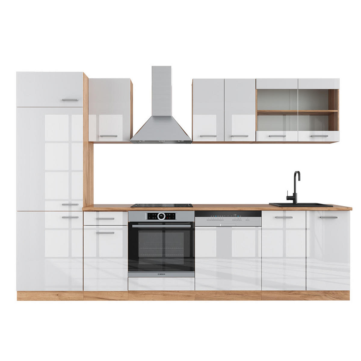 KÜCHENZEILE R-Line Weiß Hochglanz/Goldkraft Eiche 300 cm ohne AP - Honigeiche/Weiß Hochglanz, Holzwerkstoff (300/81.6/46cm) - Vicco