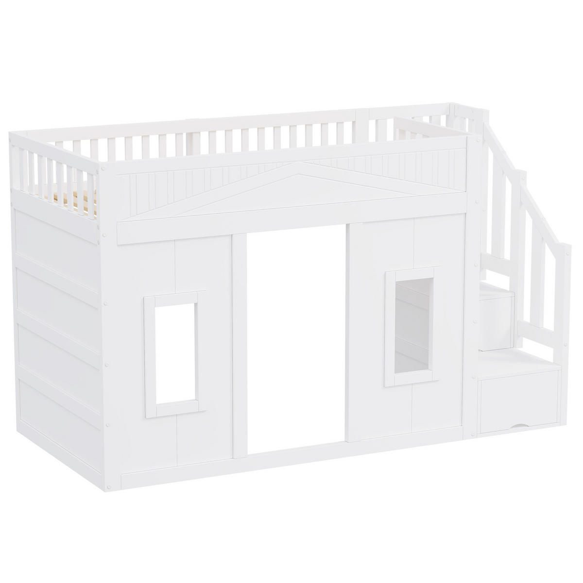 HOCHBETT aus Kiefernholz 90x200 cm Weiß mit Stauraumtreppe, Fenster und LED-Beleuchtung - Weiß, Holzwerkstoff (90/200cm) - Modfu