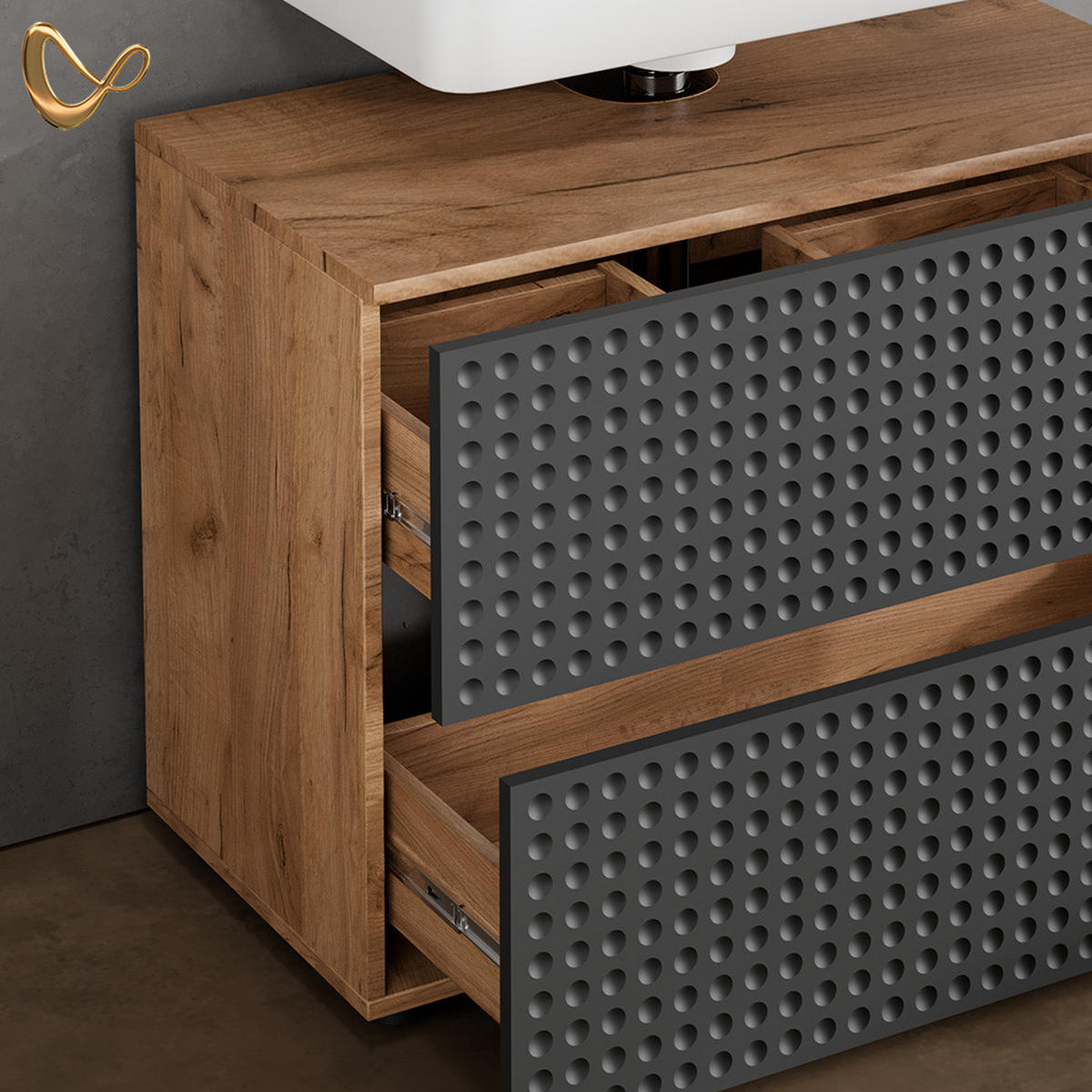 WASCHBECKENUNTERSCHRANK Ronco Anthrazit gepunktet 80 x 58.6 cm mit 2 Schubladen - Eichefarben/Anthrazit, Holzwerkstoff (80/58.6/41cm) - Livinity®