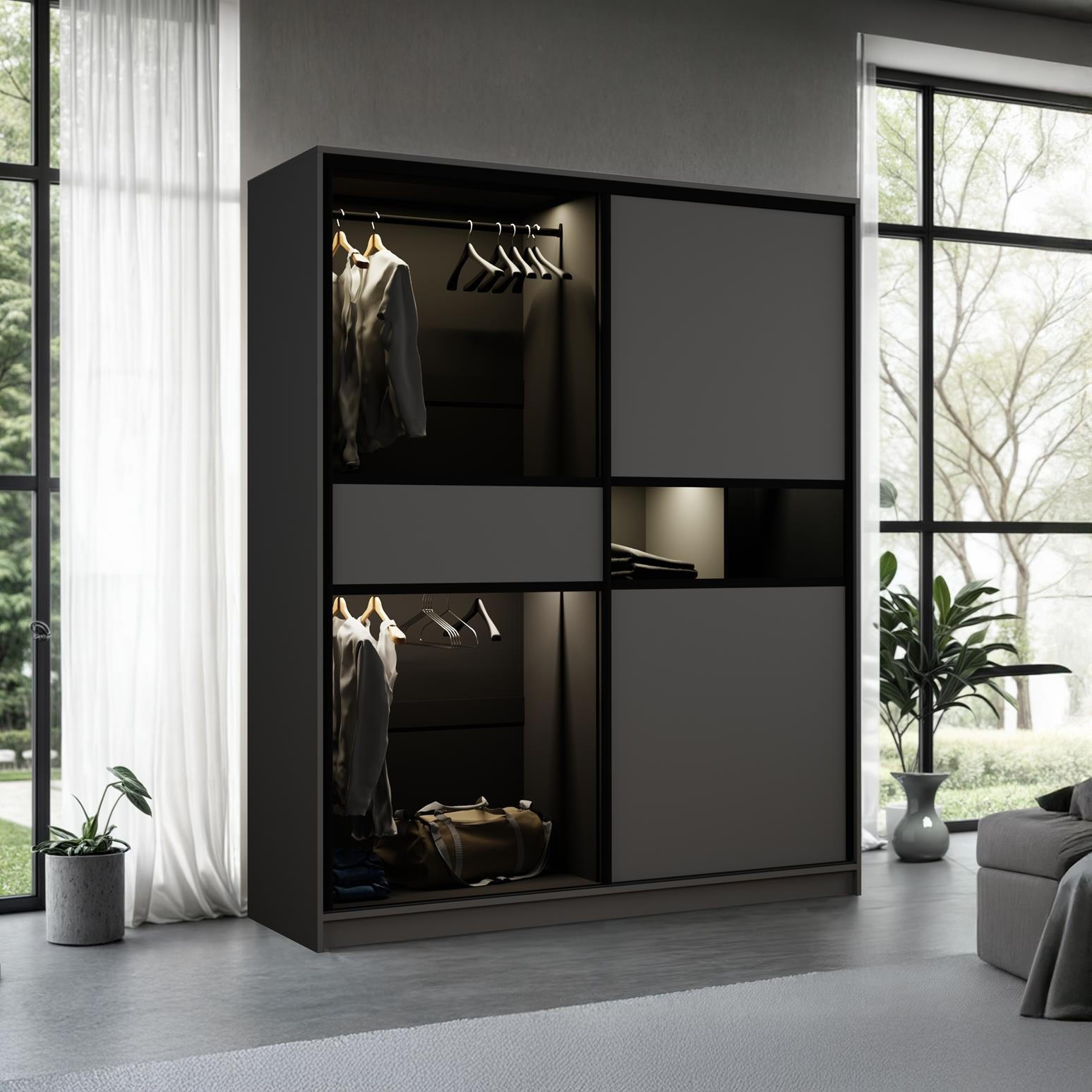 KLEIDERSCHRANK Night Graphit, Zweitüriger Schiebeschrank mit LED-Beleuchtung - Graphitfarben, Holzwerkstoff (203/217/60cm) - Bettso