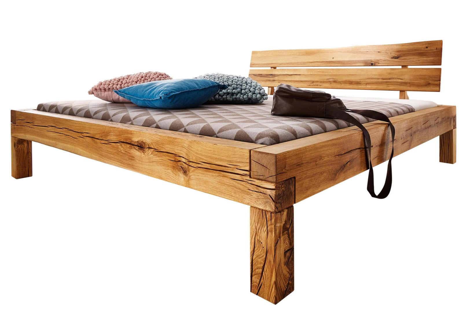 BETT Massivholz Wildeiche 200 x 200 x 85 natur BALKENMÖBEL #613 - Braun, Holz (200/200cm) - Massivmoebel24