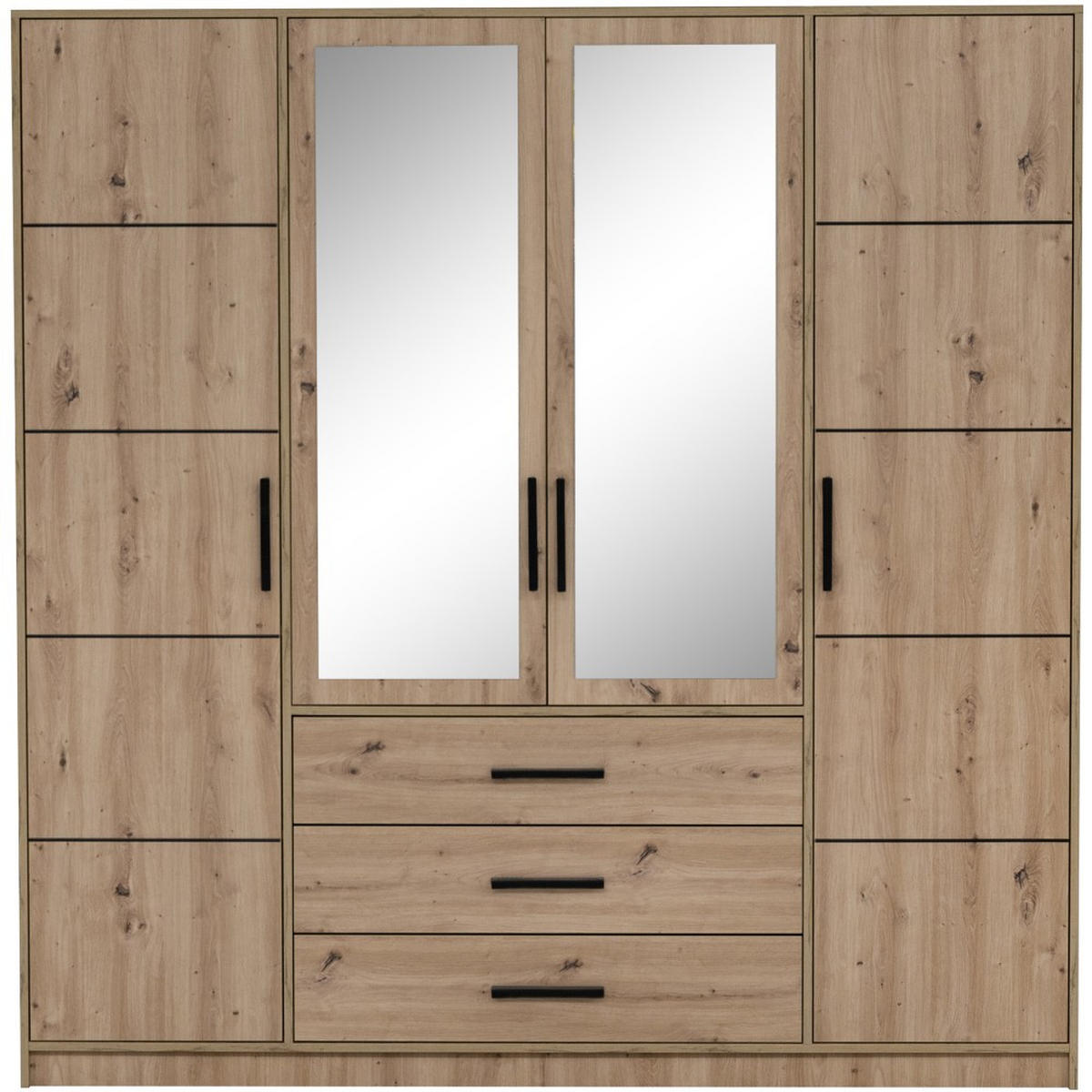 DREHTÜRENSCHRANK Kavo mit Spiegel und 4 Türen, eiche Artisan - Schwarz/Eiche Artisan, Holzwerkstoff (200/200/58cm) - Beautysofa