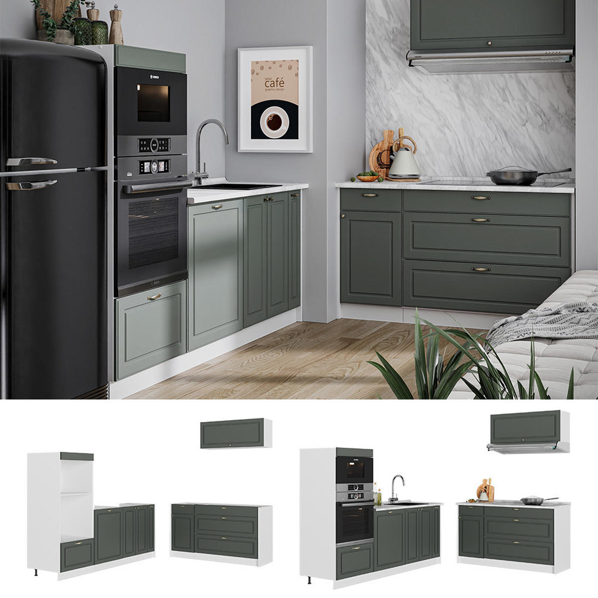 KUCHYŇA Fame-Line, Zelený a zlatý vidiecky dom/biely, 340 cm, AP Marble - biela/zelená, kompozitné drevo (340/153.6/60cm) - Vicco